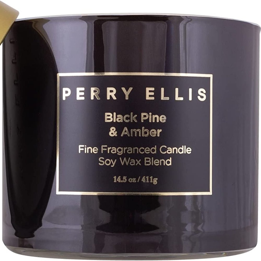 Perry Ellis 14.5oz BLACK PINE & AMBER 3 wick candle 60 hour burn time